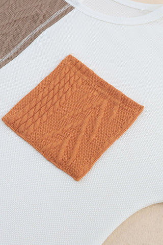 Orange Long Sleeve Colorblock Chest Pocket Textured Knit Top, A Blissfully Beautiful Boutique - A Blissfully Beautiful Boutique