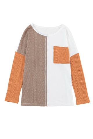 Orange Long Sleeve Colorblock Chest Pocket Textured Knit Top, A Blissfully Beautiful Boutique - A Blissfully Beautiful Boutique