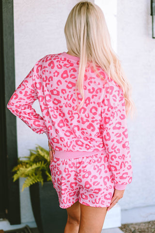 Pink Leopard Long Sleeve Satin Tie Shorts Two Piece Set, A Blissfully Beautiful Boutique - A Blissfully Beautiful Boutique