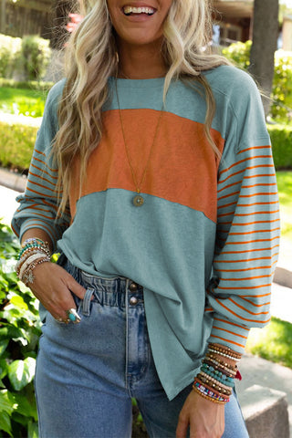 Green Colorblock Striped Bishop Sleeve Top, A Blissfully Beautiful Boutique - A Blissfully Beautiful Boutique