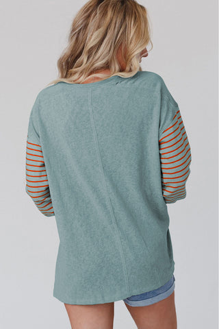 Green Colorblock Striped Bishop Sleeve Top, A Blissfully Beautiful Boutique - A Blissfully Beautiful Boutique