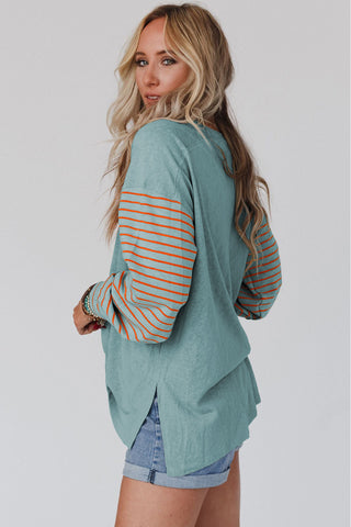 Green Colorblock Striped Bishop Sleeve Top, A Blissfully Beautiful Boutique - A Blissfully Beautiful Boutique