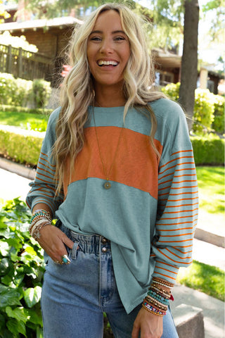 Green Colorblock Striped Bishop Sleeve Top, A Blissfully Beautiful Boutique - A Blissfully Beautiful Boutique