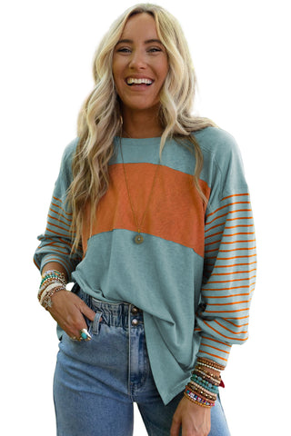 Green Colorblock Striped Bishop Sleeve Top, A Blissfully Beautiful Boutique - A Blissfully Beautiful Boutique