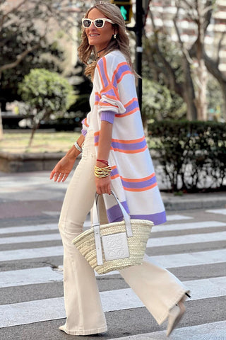Beige Striped Long Sleeve Ribbed Trim Button Cardigan, A Blissfully Beautiful Boutique - A Blissfully Beautiful Boutique