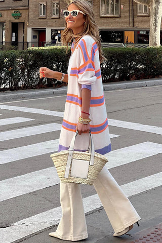 Beige Striped Long Sleeve Ribbed Trim Button Cardigan, A Blissfully Beautiful Boutique - A Blissfully Beautiful Boutique