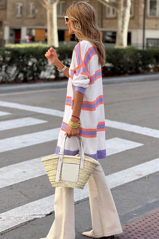 Beige Striped Long Sleeve Ribbed Trim Button Cardigan, A Blissfully Beautiful Boutique - A Blissfully Beautiful Boutique