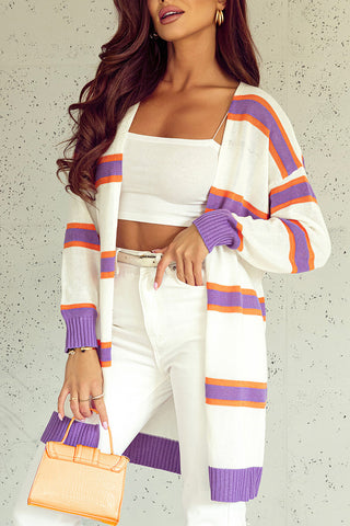 Beige Striped Long Sleeve Ribbed Trim Button Cardigan, A Blissfully Beautiful Boutique - A Blissfully Beautiful Boutique