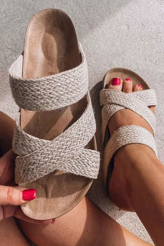 Beige Woven Cross Criss Hollowed Slip-On Slippers, A Blissfully Beautiful Boutique - A Blissfully Beautiful Boutique