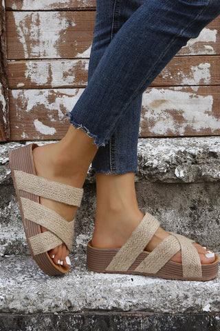 Beige Woven Cross Criss Hollowed Slip-On Slippers, A Blissfully Beautiful Boutique - A Blissfully Beautiful Boutique