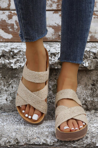 Beige Woven Cross Criss Hollowed Slip-On Slippers, A Blissfully Beautiful Boutique - A Blissfully Beautiful Boutique