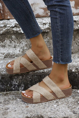 Beige Woven Cross Criss Hollowed Slip-On Slippers, A Blissfully Beautiful Boutique - A Blissfully Beautiful Boutique