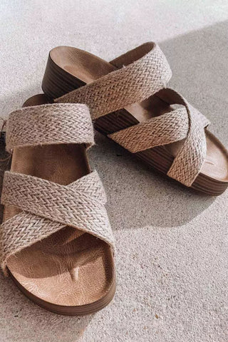Beige Woven Cross Criss Hollowed Slip-On Slippers, A Blissfully Beautiful Boutique - A Blissfully Beautiful Boutique