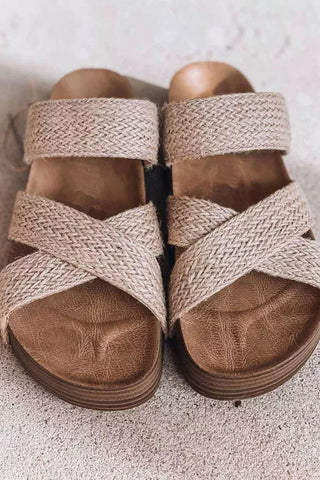 Beige Woven Cross Criss Hollowed Slip-On Slippers, A Blissfully Beautiful Boutique - A Blissfully Beautiful Boutique