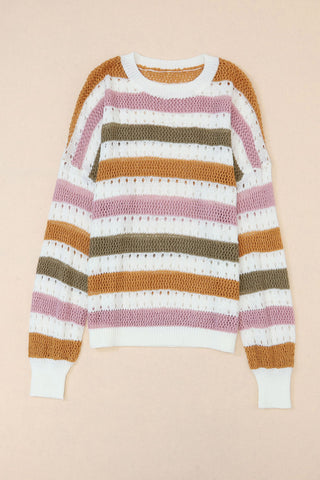 Multicolor Striped Hollowed Knitted Loose Sweater, A Blissfully Beautiful Boutique - A Blissfully Beautiful Boutique