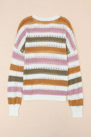 Multicolor Striped Hollowed Knitted Loose Sweater, A Blissfully Beautiful Boutique - A Blissfully Beautiful Boutique