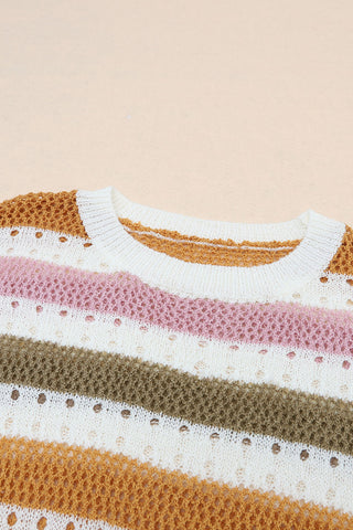 Multicolor Striped Hollowed Knitted Loose Sweater, A Blissfully Beautiful Boutique - A Blissfully Beautiful Boutique