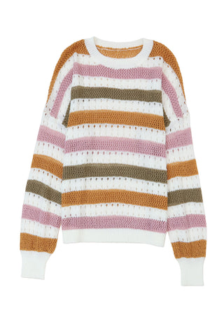 Multicolor Striped Hollowed Knitted Loose Sweater, A Blissfully Beautiful Boutique - A Blissfully Beautiful Boutique