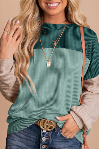 Green Color Block Long Sleeve Ribbed Loose Top, A Blissfully Beautiful Boutique - A Blissfully Beautiful Boutique
