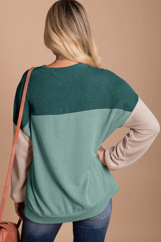 Green Color Block Long Sleeve Ribbed Loose Top, A Blissfully Beautiful Boutique - A Blissfully Beautiful Boutique