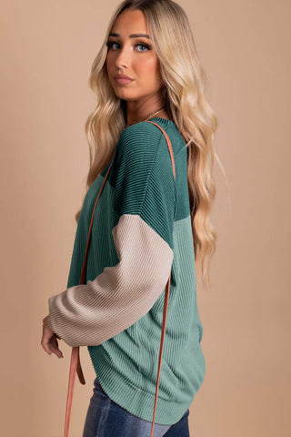 Green Color Block Long Sleeve Ribbed Loose Top, A Blissfully Beautiful Boutique - A Blissfully Beautiful Boutique