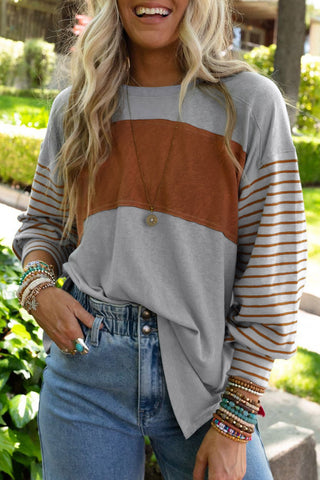 Gray Colorblock Striped Bishop Sleeve Top, A Blissfully Beautiful Boutique - A Blissfully Beautiful Boutique