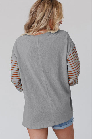 Gray Colorblock Striped Bishop Sleeve Top, A Blissfully Beautiful Boutique - A Blissfully Beautiful Boutique