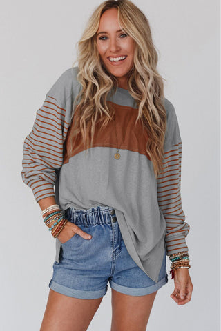 Gray Colorblock Striped Bishop Sleeve Top, A Blissfully Beautiful Boutique - A Blissfully Beautiful Boutique