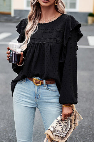 Black Lace Eyelet Ruffle Shoulder Long Sleeve Blouse, A Blissfully Beautiful Boutique - A Blissfully Beautiful Boutique
