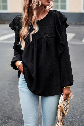 Black Lace Eyelet Ruffle Shoulder Long Sleeve Blouse, A Blissfully Beautiful Boutique - A Blissfully Beautiful Boutique