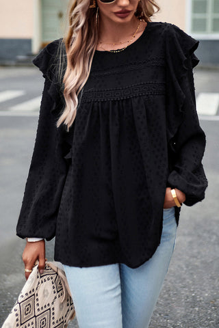 Black Lace Eyelet Ruffle Shoulder Long Sleeve Blouse, A Blissfully Beautiful Boutique - A Blissfully Beautiful Boutique