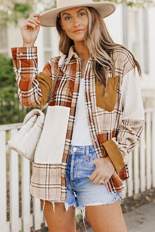 Orange Plaid Color Block Patchwork Shirt Jacket with Pocket, A Blissfully Beautiful Boutique - A Blissfully Beautiful Boutique