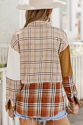 Orange Plaid Color Block Patchwork Shirt Jacket with Pocket, A Blissfully Beautiful Boutique - A Blissfully Beautiful Boutique