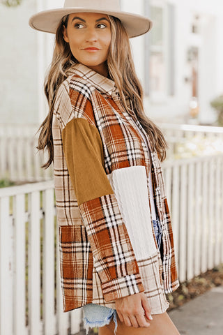 Orange Plaid Color Block Patchwork Shirt Jacket with Pocket, A Blissfully Beautiful Boutique - A Blissfully Beautiful Boutique