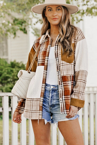 Orange Plaid Color Block Patchwork Shirt Jacket with Pocket, A Blissfully Beautiful Boutique - A Blissfully Beautiful Boutique