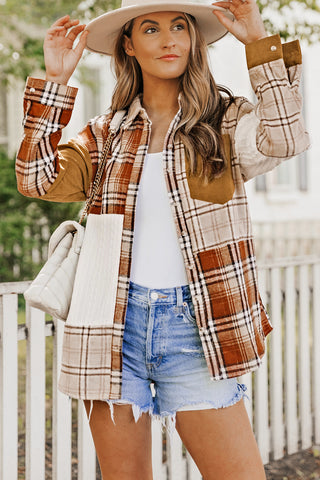 Orange Plaid Color Block Patchwork Shirt Jacket with Pocket, A Blissfully Beautiful Boutique - A Blissfully Beautiful Boutique