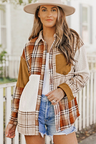 Orange Plaid Color Block Patchwork Shirt Jacket with Pocket, A Blissfully Beautiful Boutique - A Blissfully Beautiful Boutique