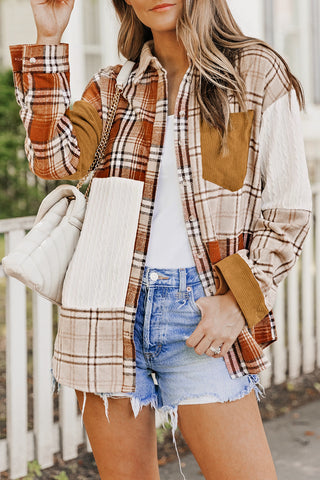 Orange Plaid Color Block Patchwork Shirt Jacket with Pocket, A Blissfully Beautiful Boutique - A Blissfully Beautiful Boutique