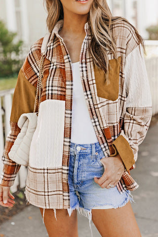 Orange Plaid Color Block Patchwork Shirt Jacket with Pocket, A Blissfully Beautiful Boutique - A Blissfully Beautiful Boutique