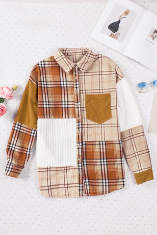 Orange Plaid Color Block Patchwork Shirt Jacket with Pocket, A Blissfully Beautiful Boutique - A Blissfully Beautiful Boutique