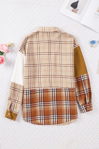 Orange Plaid Color Block Patchwork Shirt Jacket with Pocket, A Blissfully Beautiful Boutique - A Blissfully Beautiful Boutique