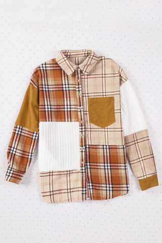Orange Plaid Color Block Patchwork Shirt Jacket with Pocket, A Blissfully Beautiful Boutique - A Blissfully Beautiful Boutique