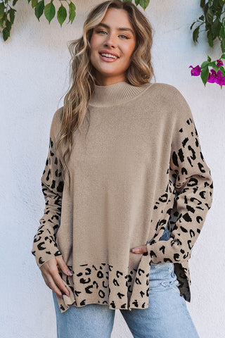 Khaki Leopard High Neck Side Slit Oversized Sweater, A Blissfully Beautiful Boutique - A Blissfully Beautiful Boutique