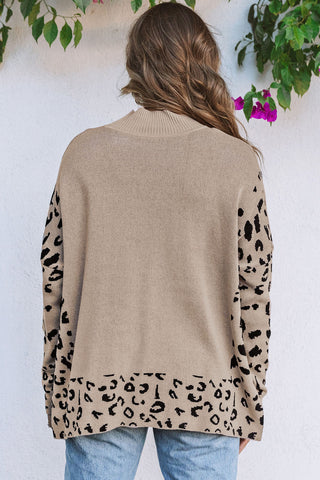 Khaki Leopard High Neck Side Slit Oversized Sweater, A Blissfully Beautiful Boutique - A Blissfully Beautiful Boutique