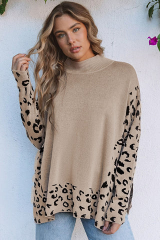 Khaki Leopard High Neck Side Slit Oversized Sweater, A Blissfully Beautiful Boutique - A Blissfully Beautiful Boutique