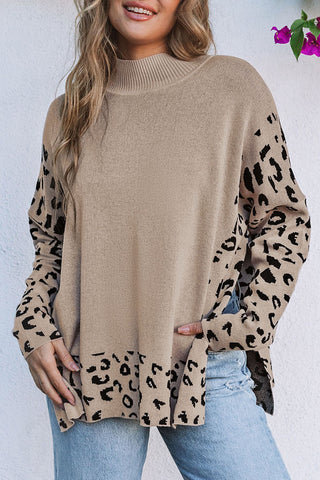 Khaki Leopard High Neck Side Slit Oversized Sweater, A Blissfully Beautiful Boutique - A Blissfully Beautiful Boutique