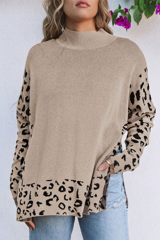 Khaki Leopard High Neck Side Slit Oversized Sweater, A Blissfully Beautiful Boutique - A Blissfully Beautiful Boutique