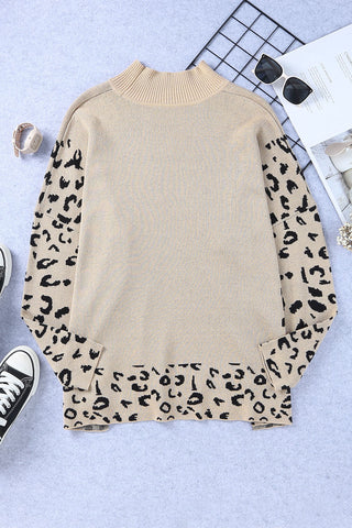 Khaki Leopard High Neck Side Slit Oversized Sweater, A Blissfully Beautiful Boutique - A Blissfully Beautiful Boutique