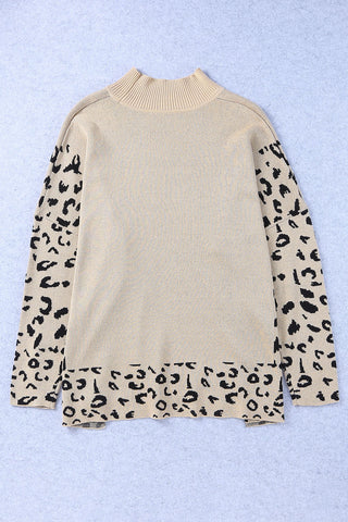 Khaki Leopard High Neck Side Slit Oversized Sweater, A Blissfully Beautiful Boutique - A Blissfully Beautiful Boutique