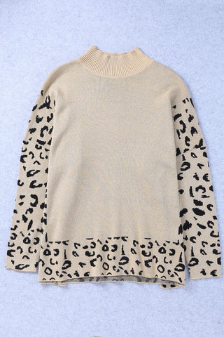 Khaki Leopard High Neck Side Slit Oversized Sweater, A Blissfully Beautiful Boutique - A Blissfully Beautiful Boutique